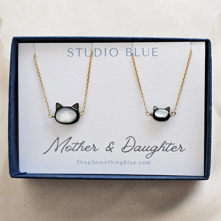 Mother & Daughter Kitty Cat Necklace Set • Gift For Mom • Cat Jewelry • Hand Carved Mother of Pearl • Matching Necklaces • Mother's Day Gift