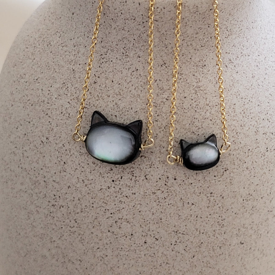 Mother & Daughter Kitty Cat Necklace Set • Gift For Mom • Cat Jewelry • Hand Carved Mother of Pearl • Matching Necklaces • Mother's Day Gift