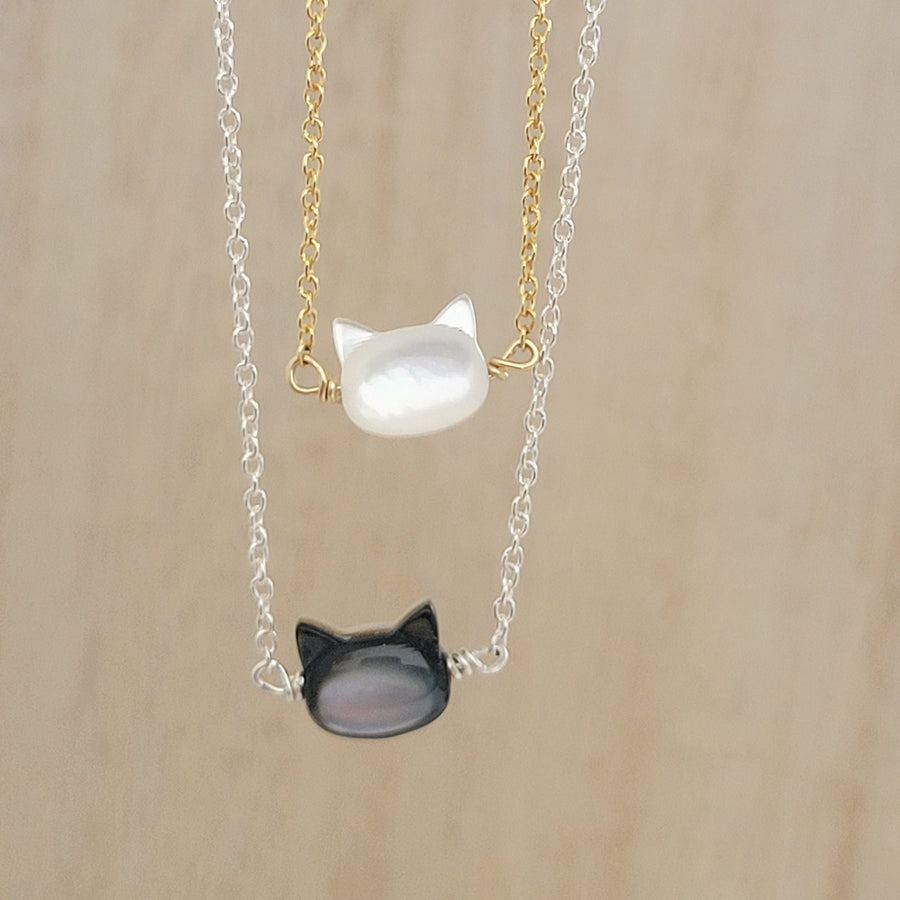 Mother & Daughter Kitty Cat Necklace Set • Gift For Mom • Cat Jewelry • Hand Carved Mother of Pearl • Matching Necklaces • Mother's Day Gift