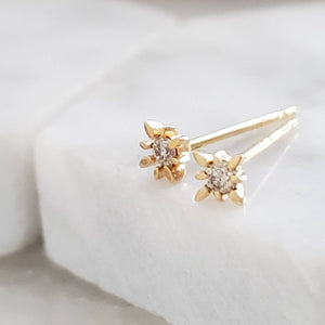 Starburst Diamond Studs • Genuine Diamond Earrings • Dainty Diamond Studs • Compass Rose Studs • Solid Gold & Diamonds • Full Cut