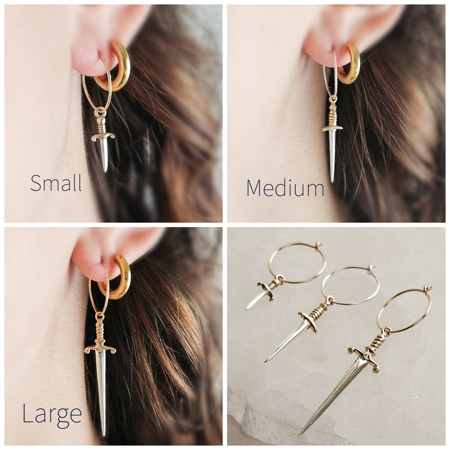 Photo showing all 3 size options for the dagger charm on hoop earrings. By Studio Blue on Etsy