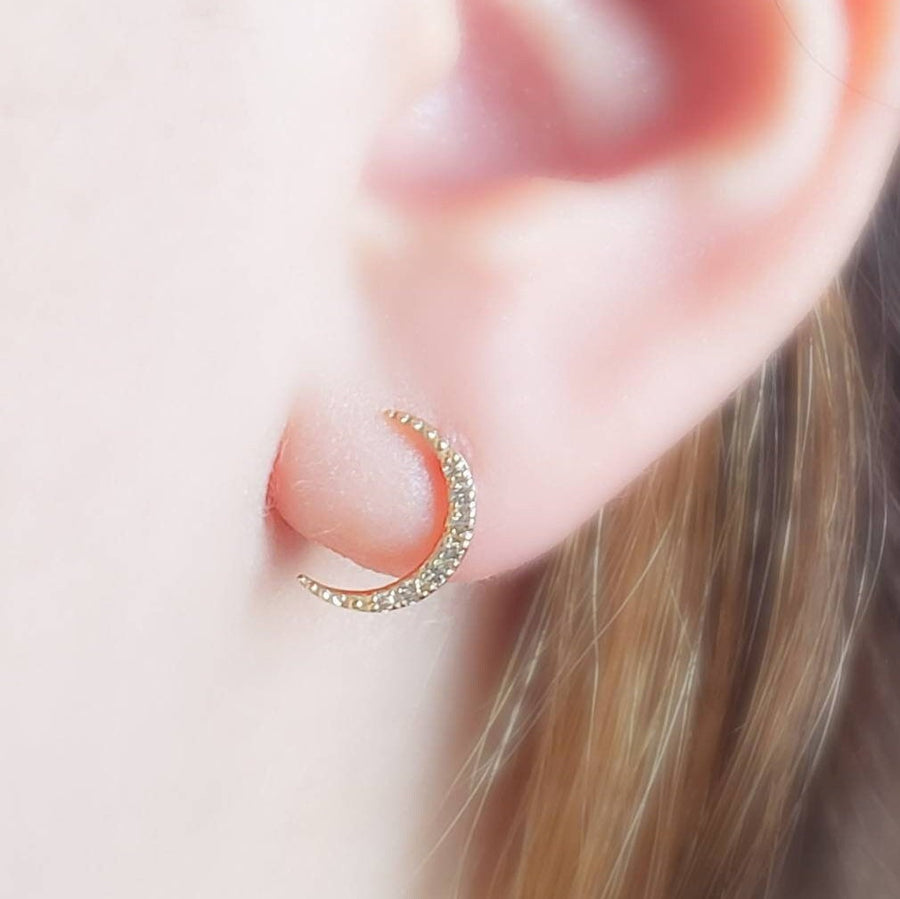 Diamond & 14k Gold Crescent Moon Studs • Genuine Diamond Earrings • Fine Jewelry • Delicate Crescent Studs • Celestial