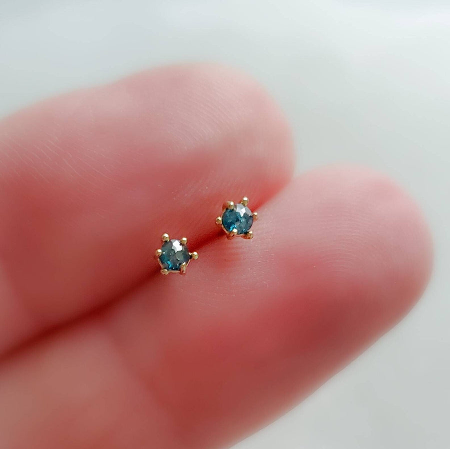 Genuine Blue Diamond Studs • Sparkling Blue Diamonds • Diamond Stud Earrings • 14k Yellow Gold • Rough Cut Diamond • April Birthday Gift