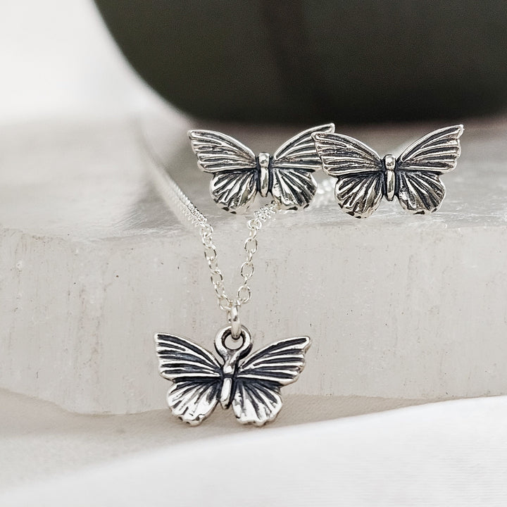 Tiny Butterflies Necklace & Earring Set • Sterling Silver Butterfly Charm • Dainty Layering Necklace and Stud Earrings • Flower Girl Gift