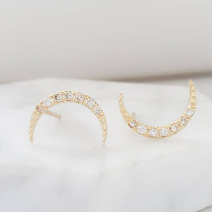 Diamond & 14k Gold Crescent Moon Studs • Genuine Diamond Earrings • Fine Jewelry • Delicate Crescent Studs • Celestial