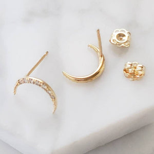 Diamond & 14k Gold Crescent Moon Studs • Genuine Diamond Earrings • Fine Jewelry • Delicate Crescent Studs • Celestial