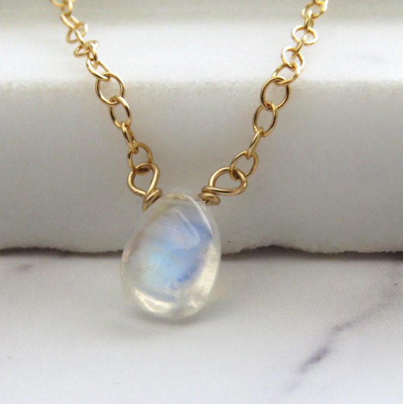 Rainbow Moonstone • Teardrop Necklace • Moonstone Pendant • Delicate Jewelry • Layering Necklace • Rainbow Gemstone • Genuine Moonstone