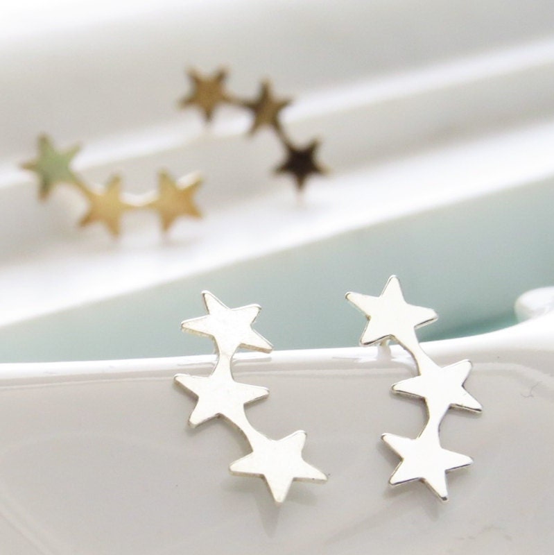 Dainty 3 Star Sterling Silver Stud Earrings – .925 Silver Climber Crawler Ear Studs