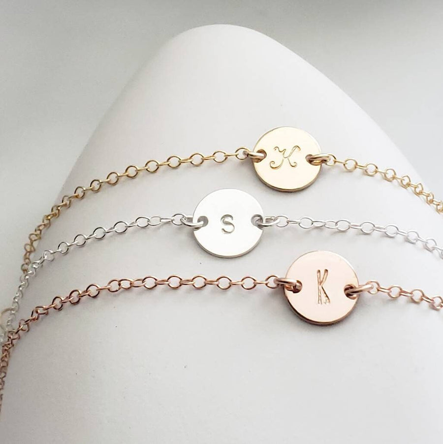 Dainty Initial Bracelet • Personalized Disk • Minimalist Jewelry • Layering Bracelet • Bridesmaid Gift • Meaningful Gift • Custom Initial