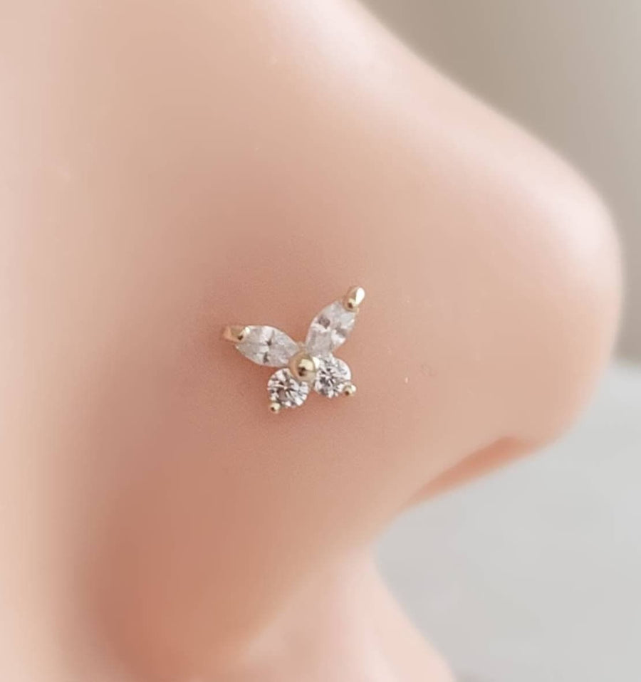 14k Gold Butterfly Nose Stud • 22 Gauge L-Bend • CZ Diamond Nose Stud • Dainty and Feminine Nose Jewelry • Nostril Piercing