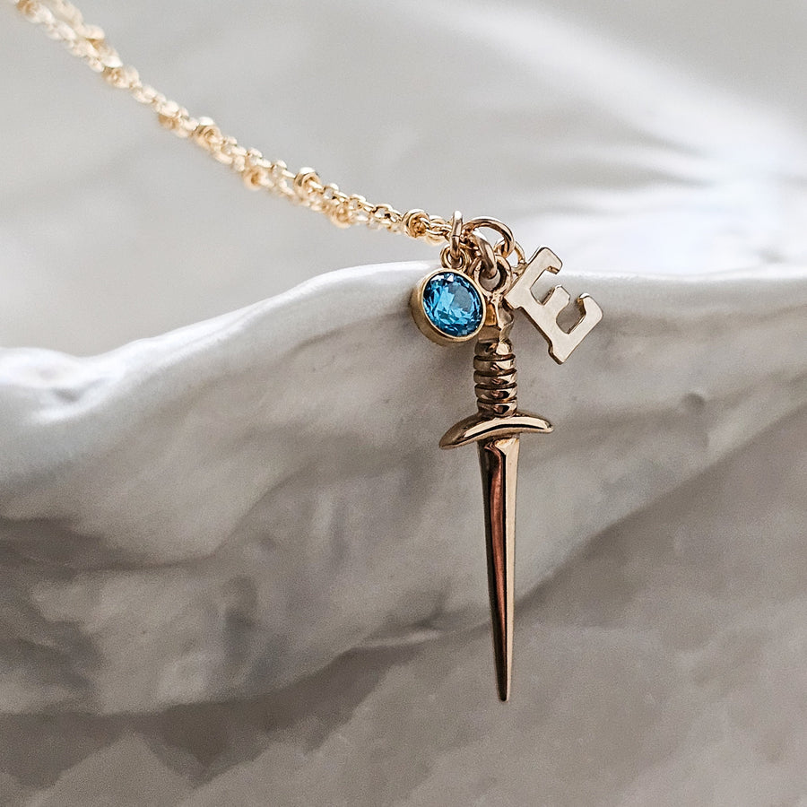 Deluxe Dagger Charm Necklace • Personalized Birthstone & Initial • Custom Graduation Gift • Katana Necklace • Dark Academia • Birthday Gift