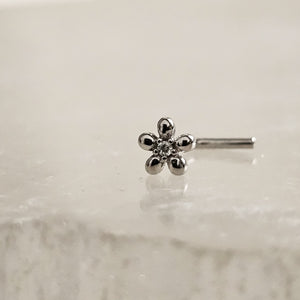 Tiny 14K Gold Flower Nose Stud With Tiny Diamond CZ Accent • Yellow Gold Nose Stud • Dainty Daisy Flower • Waterproof • 20 Gauge • L Bend