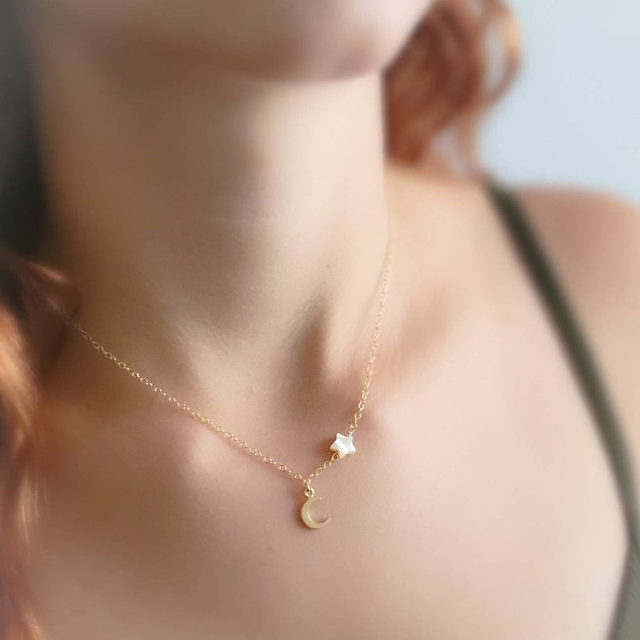 Tiny Crescent Moon & Star Necklace • Dainty Celestial Jewelry • North Star • Mother of Pearl Star • Symbol of Fertility • Gold Crescent Moon