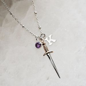 Deluxe Dagger Charm Necklace • Personalized Birthstone & Initial • Custom Graduation Gift • Katana Necklace • Dark Academia • Birthday Gift