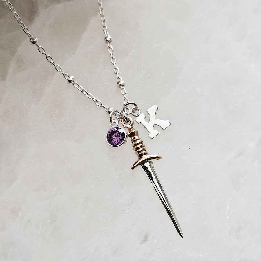 Deluxe Dagger Charm Necklace • Personalized Birthstone & Initial • Custom Graduation Gift • Katana Necklace • Dark Academia • Birthday Gift