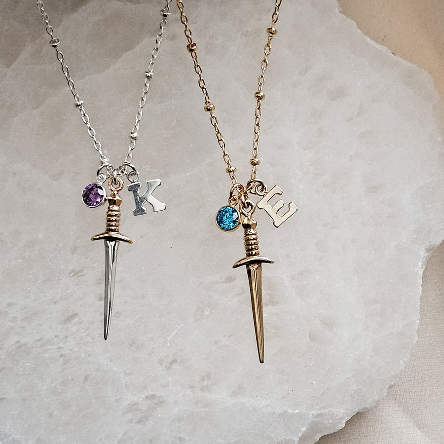 Deluxe Dagger Charm Necklace • Personalized Birthstone & Initial • Custom Graduation Gift • Katana Necklace • Dark Academia • Birthday Gift