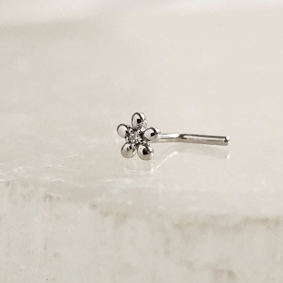 Tiny 14K Gold Flower Nose Stud With Tiny Diamond CZ Accent • Yellow Gold Nose Stud • Dainty Daisy Flower • Waterproof • 20 Gauge • L Bend