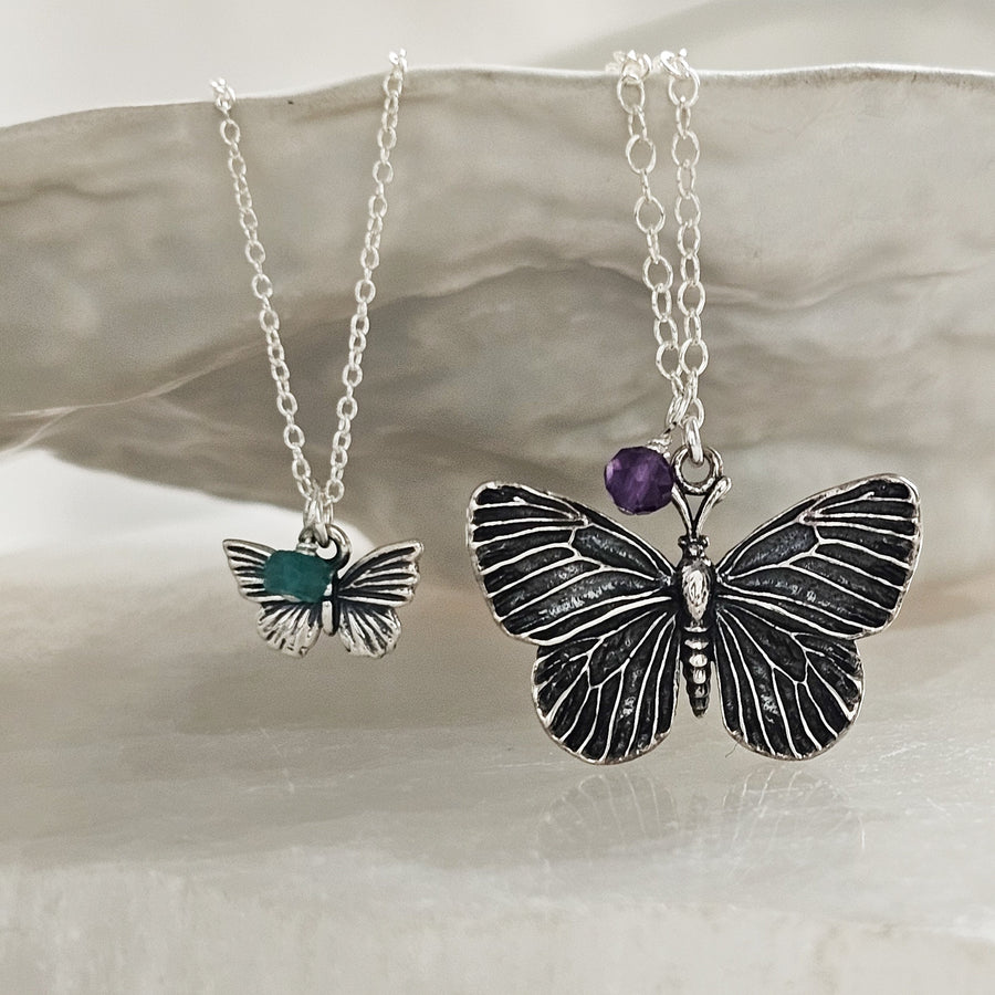 Mother & Daughter Butterfly Necklace Set • Birthstone Charms • Gift For Mom • Butterfly Jewelry • Matching Necklaces • Mother's Day Gift