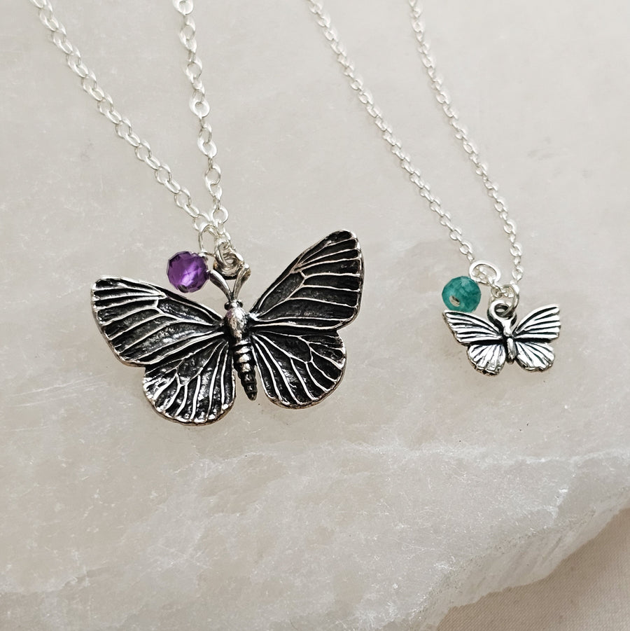 Mother & Daughter Butterfly Necklace Set • Birthstone Charms • Gift For Mom • Butterfly Jewelry • Matching Necklaces • Mother's Day Gift