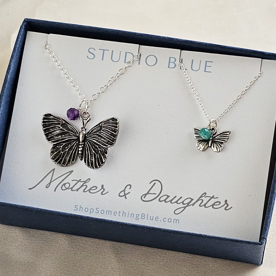 Mother & Daughter Butterfly Necklace Set • Birthstone Charms • Gift For Mom • Butterfly Jewelry • Matching Necklaces • Mother's Day Gift