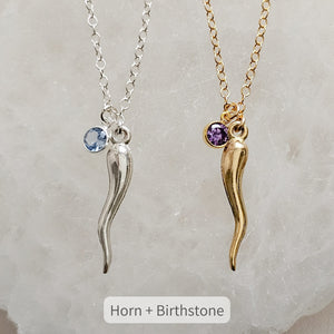 Deluxe Italian Horn Necklace • Mix & Match Personalized Initial and Birthstone • Good Luck Charm • Protection Amulet • Gift For Friend