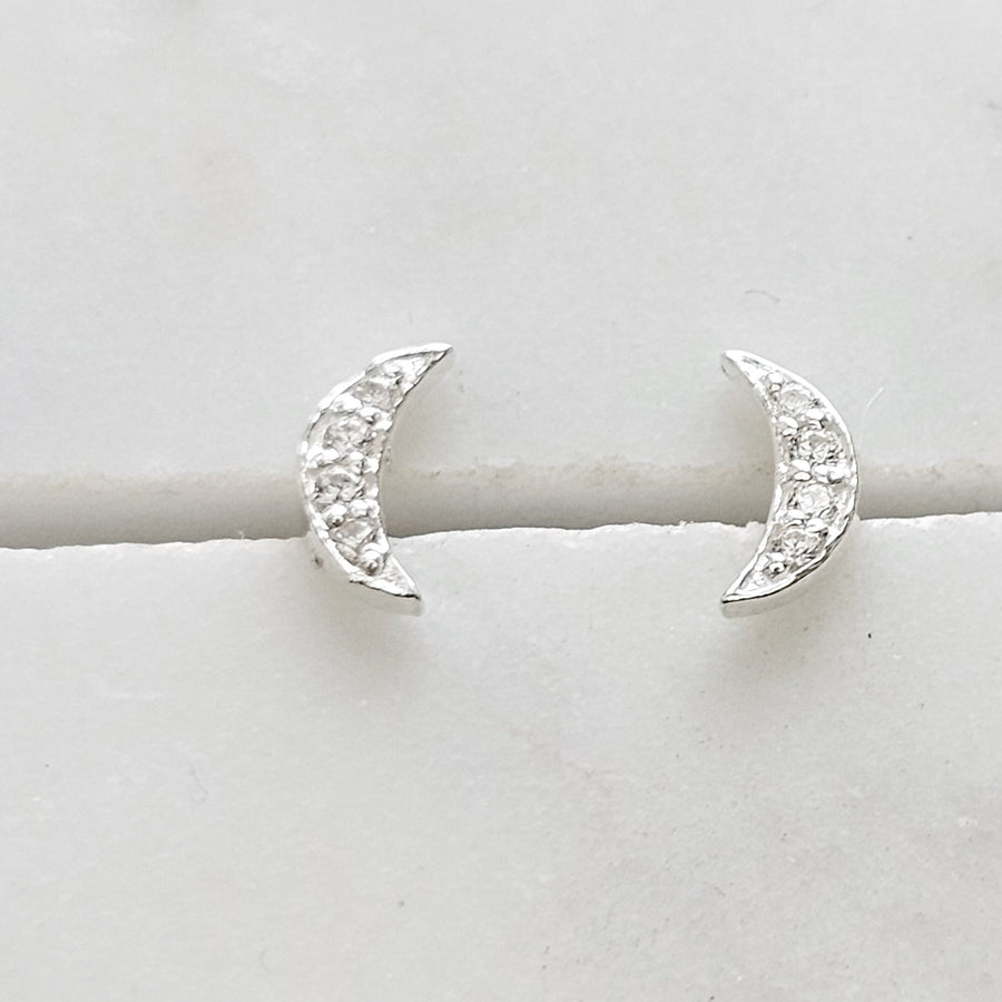 Dainty Crescent Moon Studs • Pavé Set Diamond CZs • Celestial Jewelry • Silver Crescent • Night Sky • Gift For Her • Minimalist Style