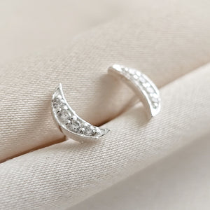 Dainty Crescent Moon Studs • Pavé Set Diamond CZs • Celestial Jewelry • Silver Crescent • Night Sky • Gift For Her • Minimalist Style