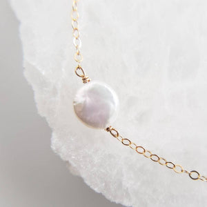 Coin Pearl Necklace • Single Pearl Necklace • Flat White Pearl • Minimalist Necklace • Bridesmaid Gift • Gift For Her • Delicate Chain