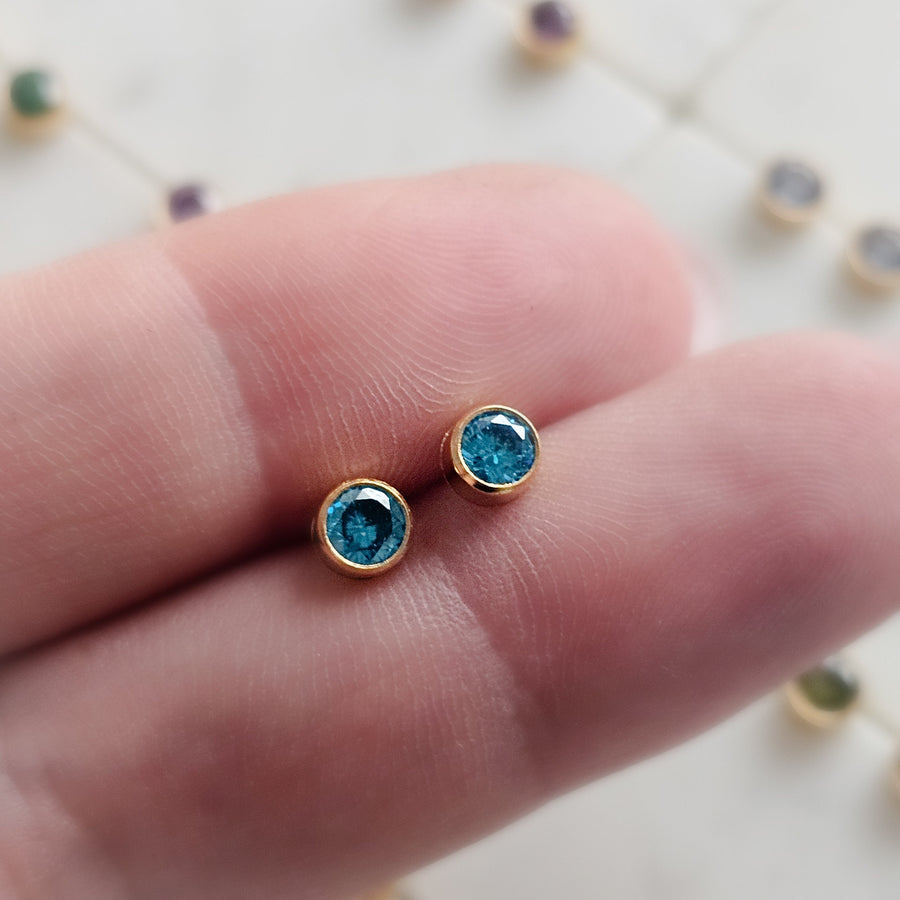 Modern Birthstone Studs • Great Personalized Birthday Gift • 4mm Bezel Set Earring Studs • Waterproof • Minimalist Birth Month Jewelry