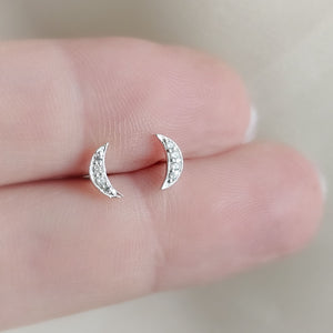 Dainty Crescent Moon Studs • Pavé Set Diamond CZs • Celestial Jewelry • Silver Crescent • Night Sky • Gift For Her • Minimalist Style