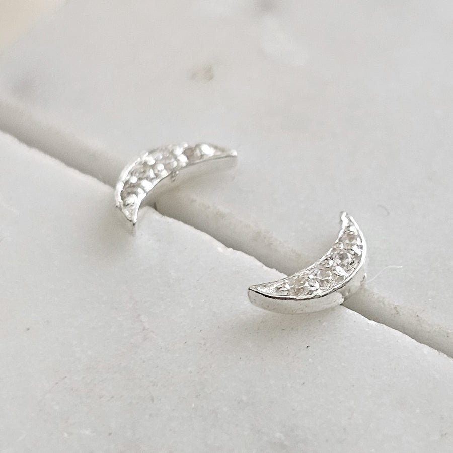 Dainty Crescent Moon Studs • Pavé Set Diamond CZs • Celestial Jewelry • Silver Crescent • Night Sky • Gift For Her • Minimalist Style