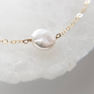 Coin Pearl Necklace • Single Pearl Necklace • Flat White Pearl • Minimalist Necklace • Bridesmaid Gift • Gift For Her • Delicate Chain