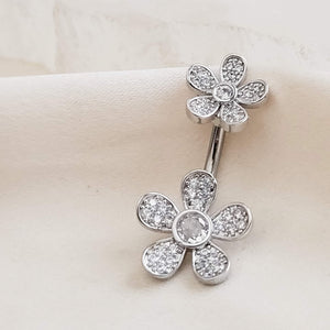 Floral Belly Ring • Pavé Daisy Body Jewelry • Surgical Steel • 14 Gauge • Double Flower • Internally Threaded • Navel Ring