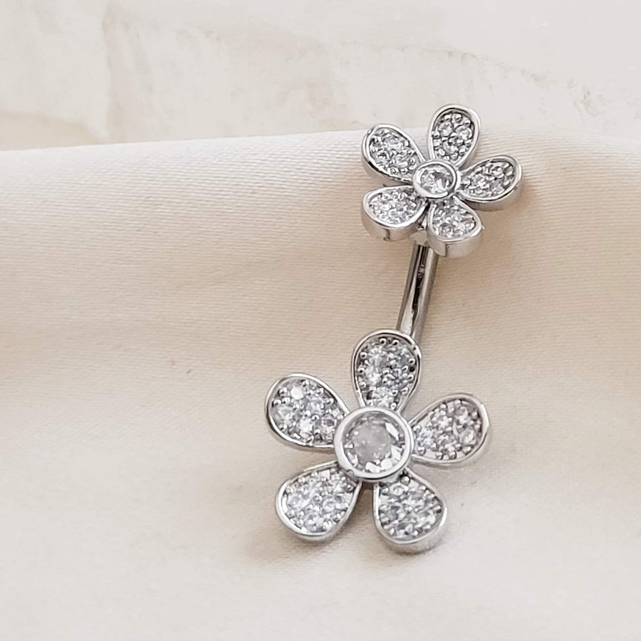 Floral Belly Ring • Pavé Daisy Body Jewelry • Surgical Steel • 14 Gauge • Double Flower • Internally Threaded • Navel Ring