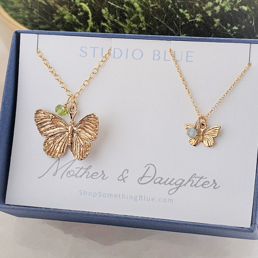 Mother & Daughter Butterfly Necklace Set • Birthstone Charms • Gift For Mom • Butterfly Jewelry • Matching Necklaces • Mother's Day Gift