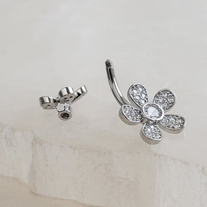 Floral Belly Ring • Pavé Daisy Body Jewelry • Surgical Steel • 14 Gauge • Double Flower • Internally Threaded • Navel Ring