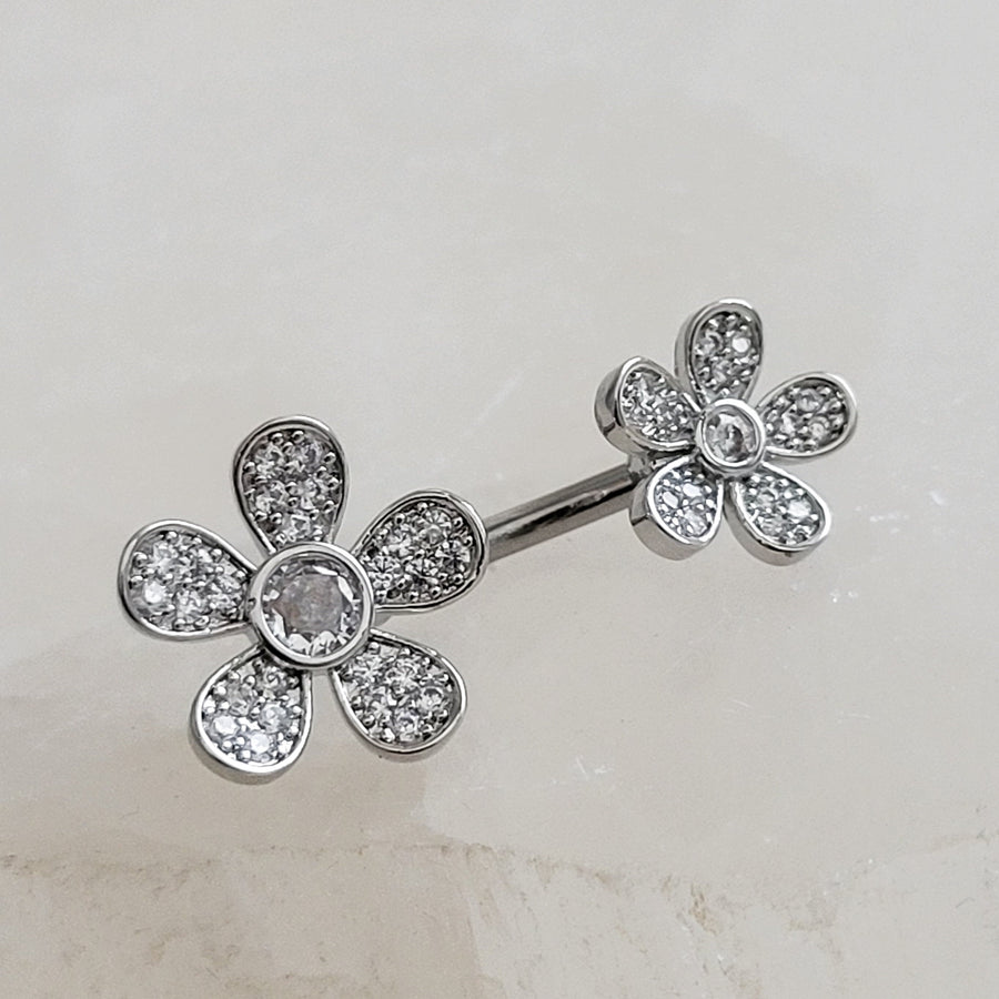 Floral Belly Ring • Pavé Daisy Body Jewelry • Surgical Steel • 14 Gauge • Double Flower • Internally Threaded • Navel Ring