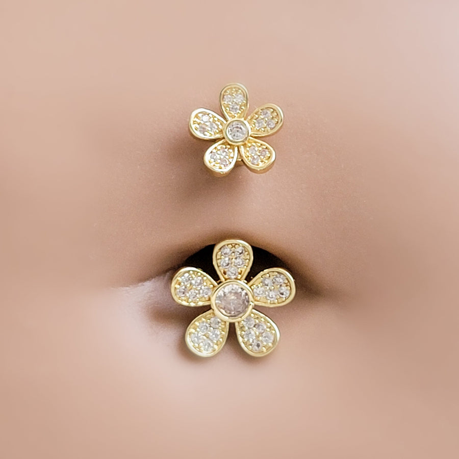 Floral Belly Ring • Pavé Daisy Body Jewelry • Surgical Steel • 14 Gauge • Double Flower • Internally Threaded • Navel Ring