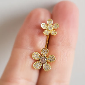 Floral Belly Ring • Pavé Daisy Body Jewelry • Surgical Steel • 14 Gauge • Double Flower • Internally Threaded • Navel Ring