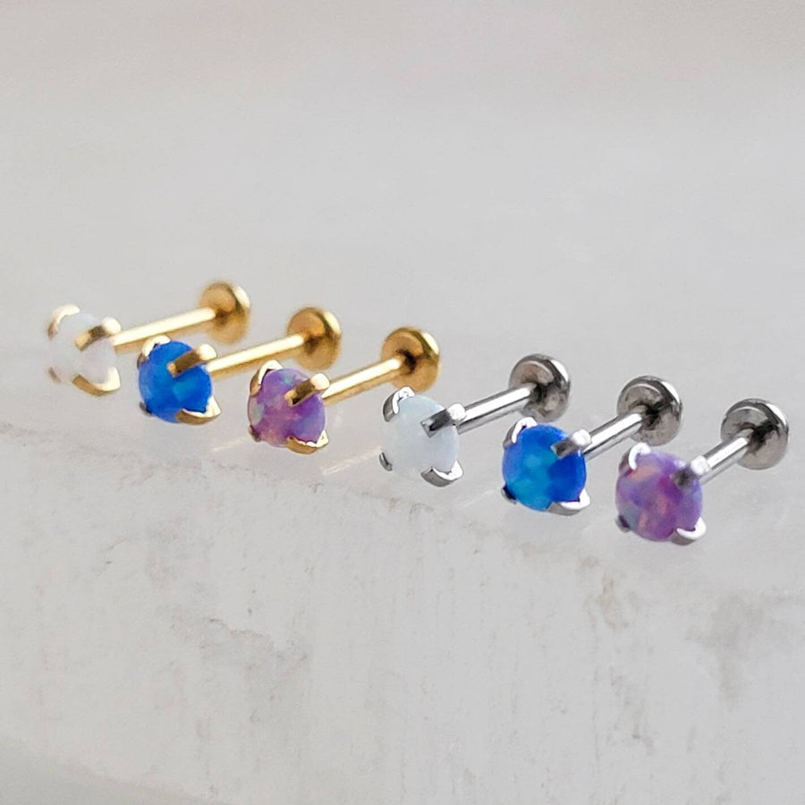 Opal flat back studs. 316L Surgical Steel or 14K gold plated, push in style in purple, blue or white by Studio Blue on Etsy