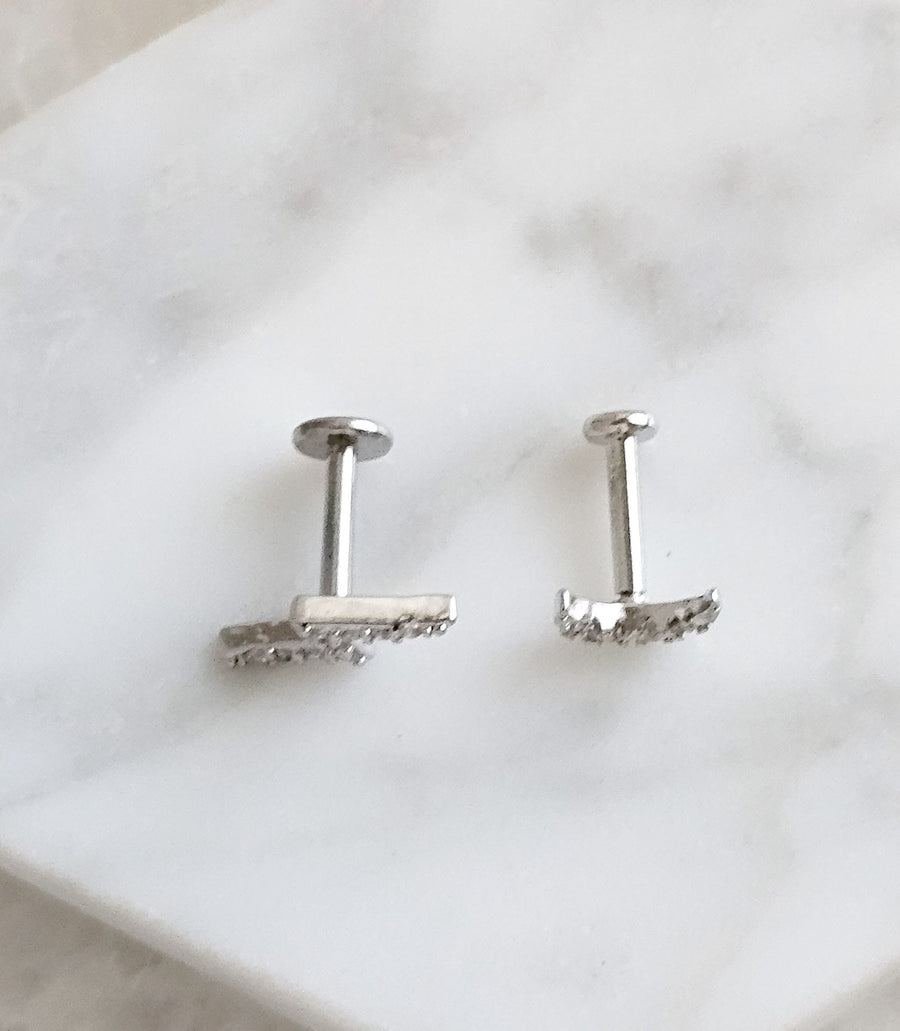 Crescent Moon & Lightning Bolt Flat Back Stud Set • Nap Studs • Celestial Earrings • Waterproof • Sparkle Diamond CZ • Stargazer • 16 Gauge