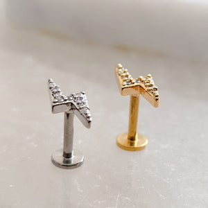 Crescent Moon & Lightning Bolt Flat Back Stud Set • Nap Studs • Celestial Earrings • Waterproof • Sparkle Diamond CZ • Stargazer • 16 Gauge