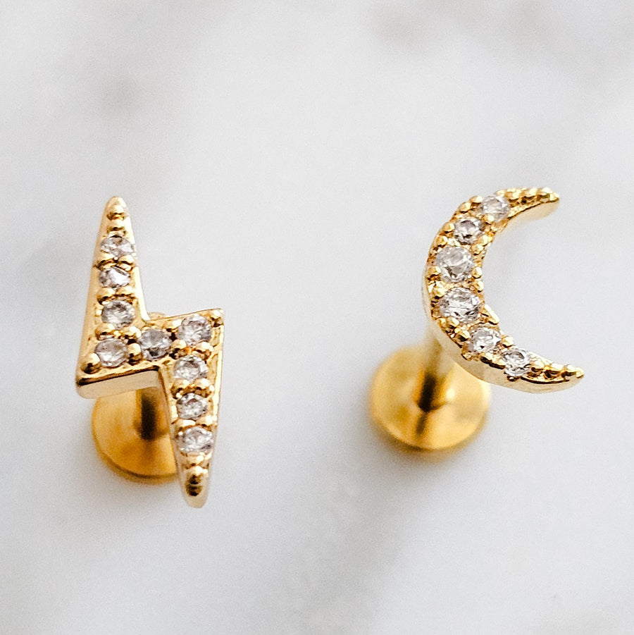 Crescent Moon & Lightning Bolt Flat Back Stud Set • Nap Studs • Celestial Earrings • Waterproof • Sparkle Diamond CZ • Stargazer • 16 Gauge