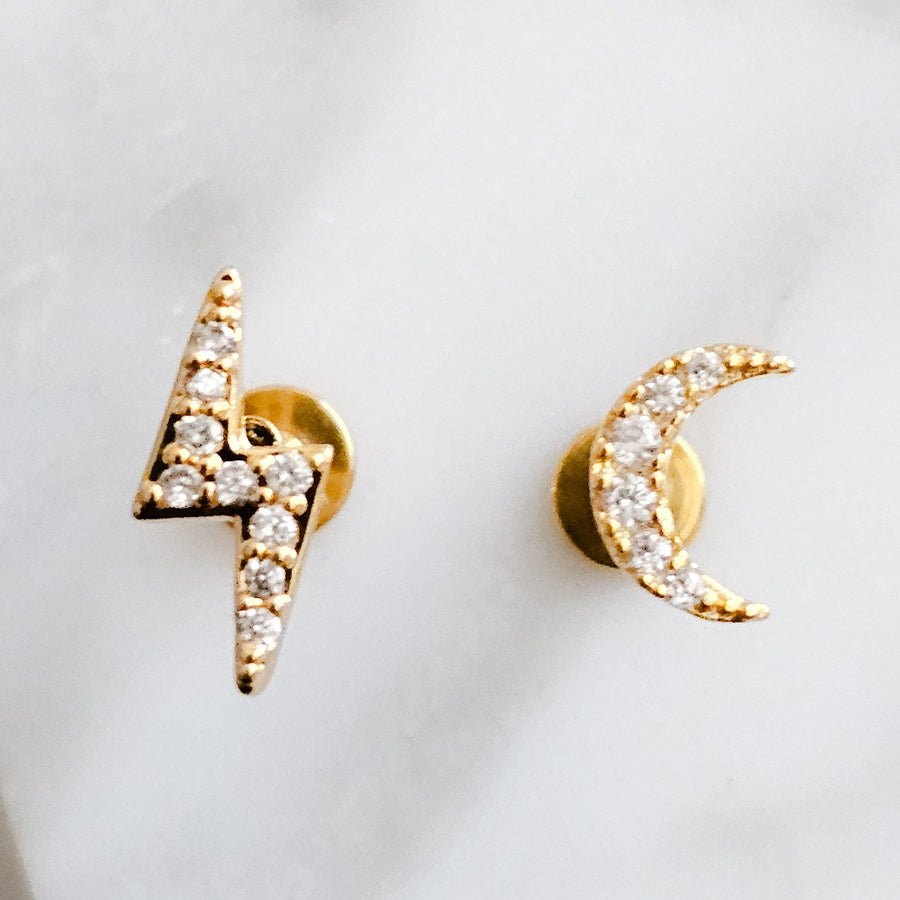 Crescent Moon & Lightning Bolt Flat Back Stud Set • Nap Studs • Celestial Earrings • Waterproof • Sparkle Diamond CZ • Stargazer • 16 Gauge