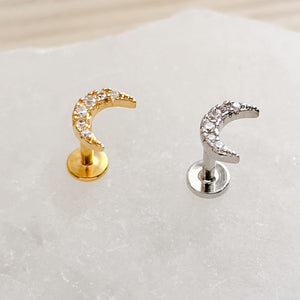 Crescent Moon & Lightning Bolt Flat Back Stud Set • Nap Studs • Celestial Earrings • Waterproof • Sparkle Diamond CZ • Stargazer • 16 Gauge