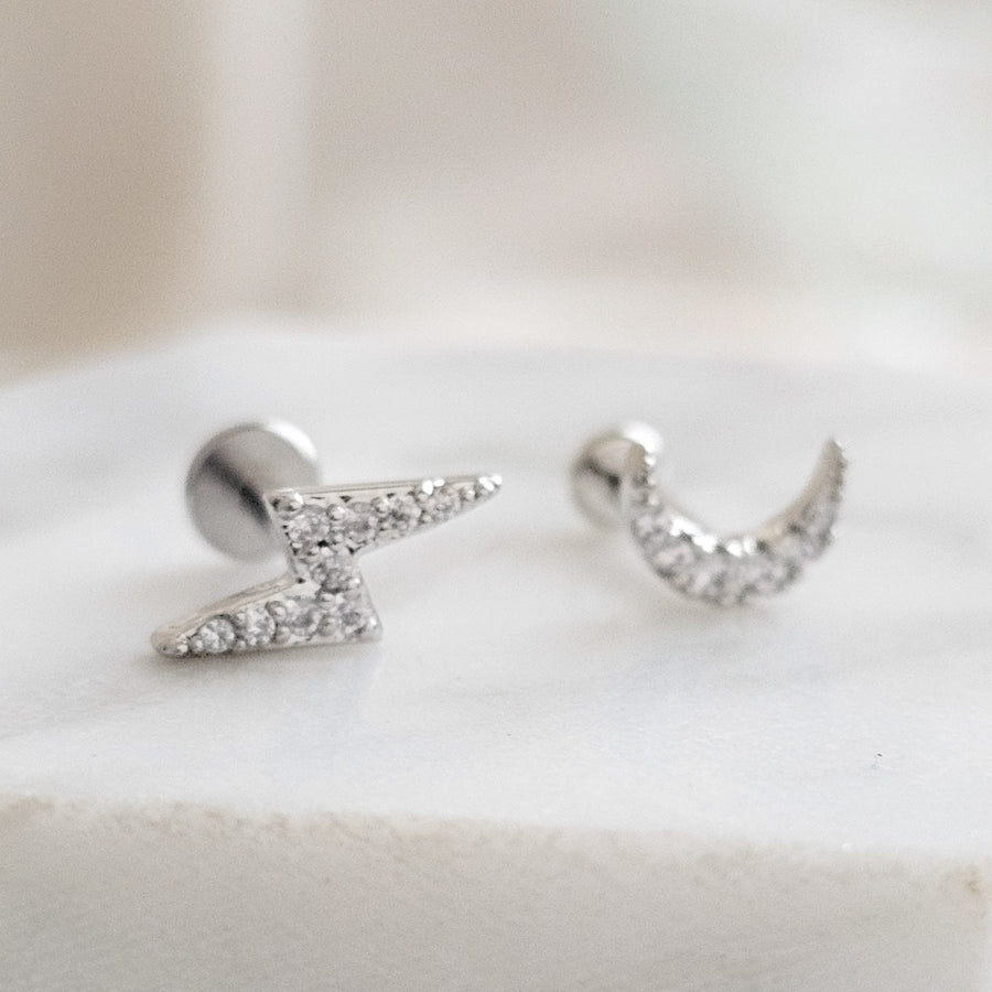 Crescent Moon & Lightning Bolt Flat Back Stud Set • Nap Studs • Celestial Earrings • Waterproof • Sparkle Diamond CZ • Stargazer • 16 Gauge