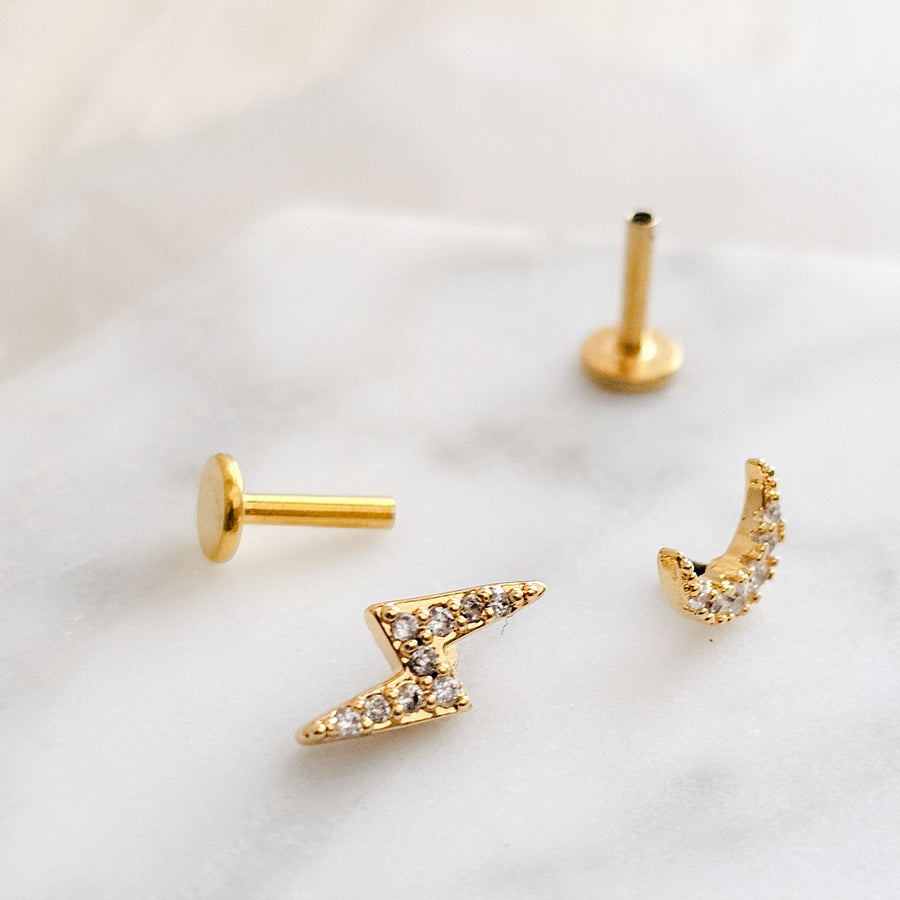 Crescent Moon & Lightning Bolt Flat Back Stud Set • Nap Studs • Celestial Earrings • Waterproof • Sparkle Diamond CZ • Stargazer • 16 Gauge