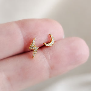 Crescent Moon & Lightning Bolt Flat Back Stud Set • Nap Studs • Celestial Earrings • Waterproof • Sparkle Diamond CZ • Stargazer • 16 Gauge