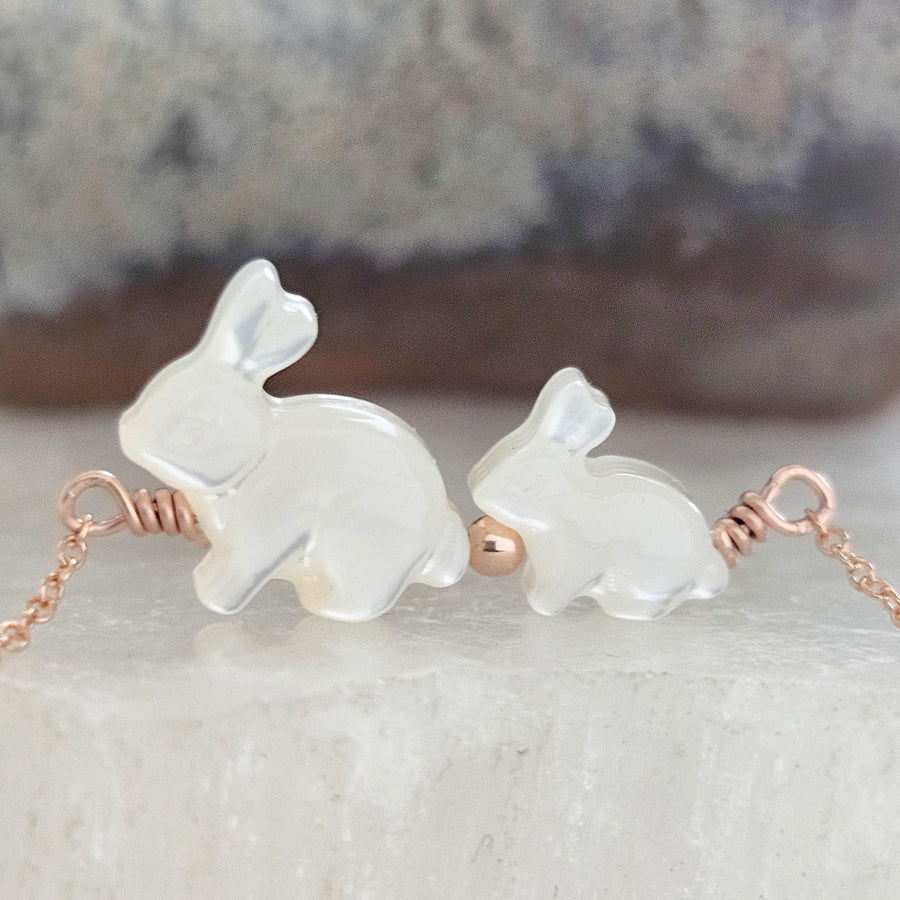 Bunny Mom Necklace • Mother & Baby Bunnies • Rabbit Jewelry • Mother of Pearl • Gift for Mom • New Mom Gift • Mother's Day Necklace