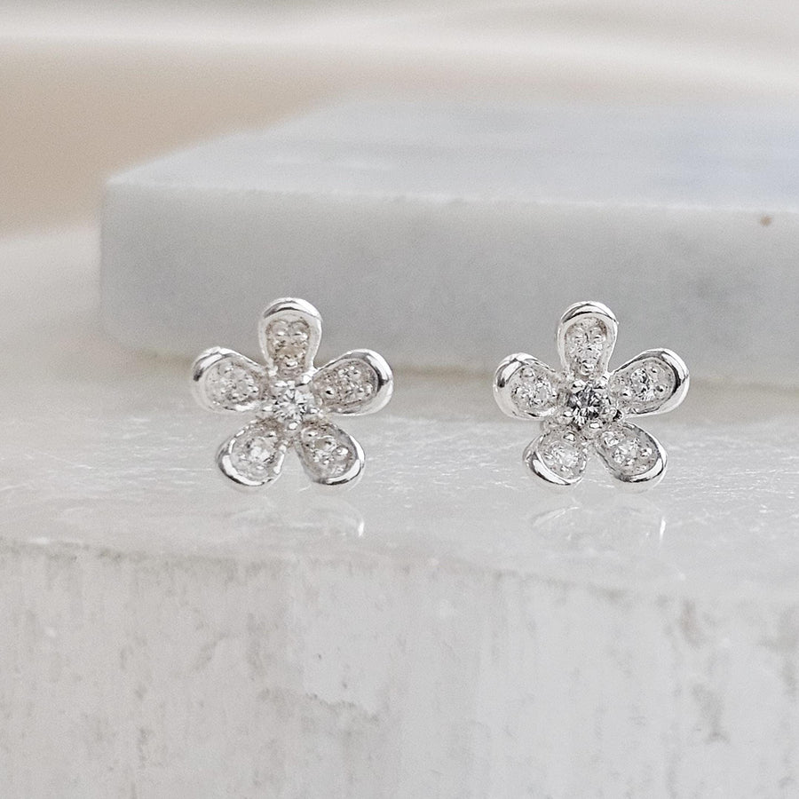 Dainty Flower Stud Earrings • Sterling Silver Pavé Petal Studs • Waterproof & Feminine • Gift for Flower Girl or Bridesmaid